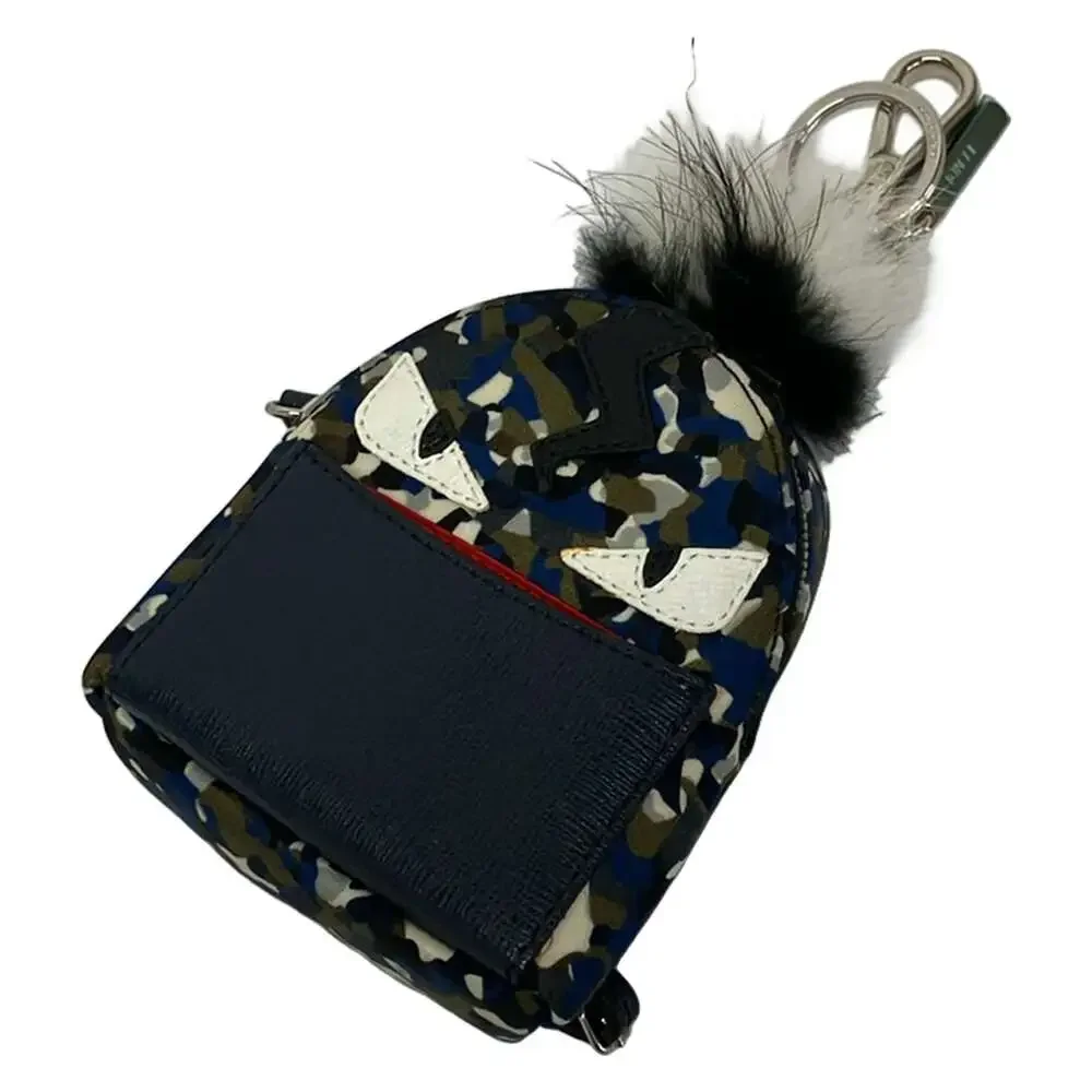 Fendi Bag Bugs Bag Charm 7AR432 White Navy Multi Nylon Leather Fur Hardware